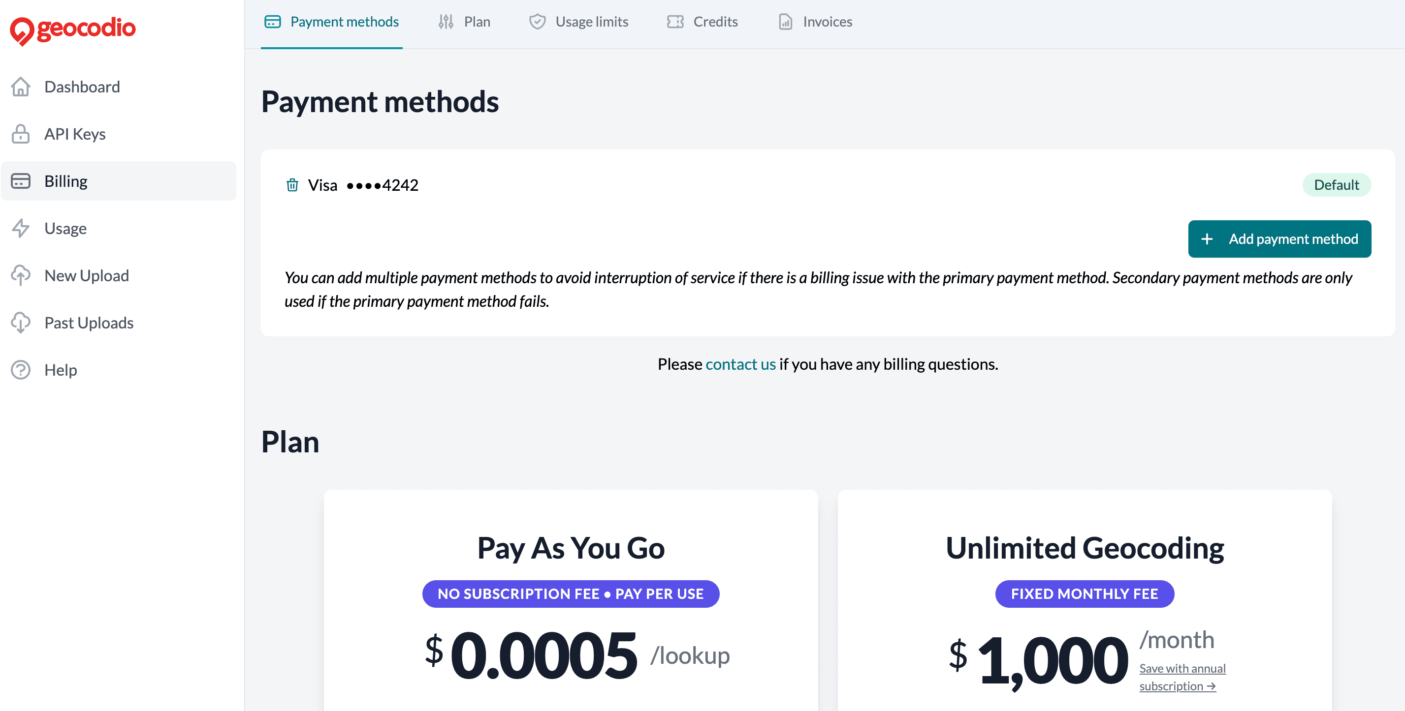 Screenshot of the Geocodio dashboard billing page